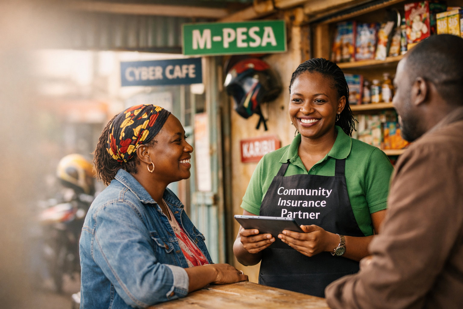 Community Insurance Partner helping customers at M-PESA shop